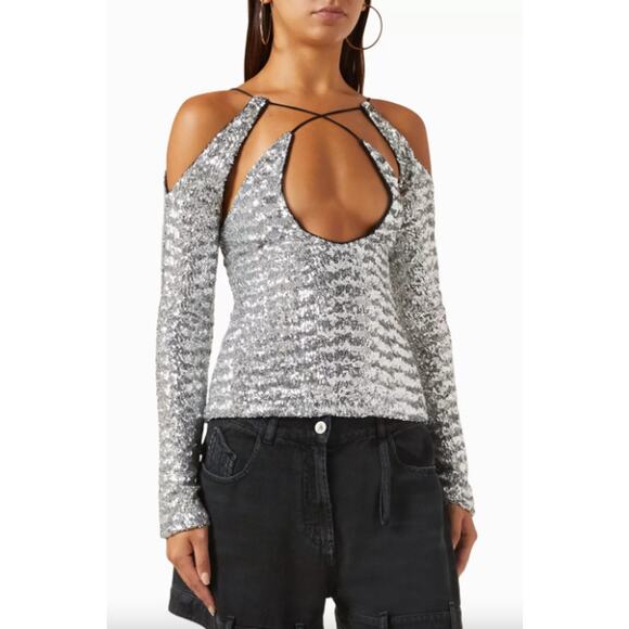 The Attico Sequin Zane Metallic Crossover Cut-out Top - Picture 6 of 16